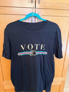 Black "VOTE" Graphic Tee with Stripe Detail